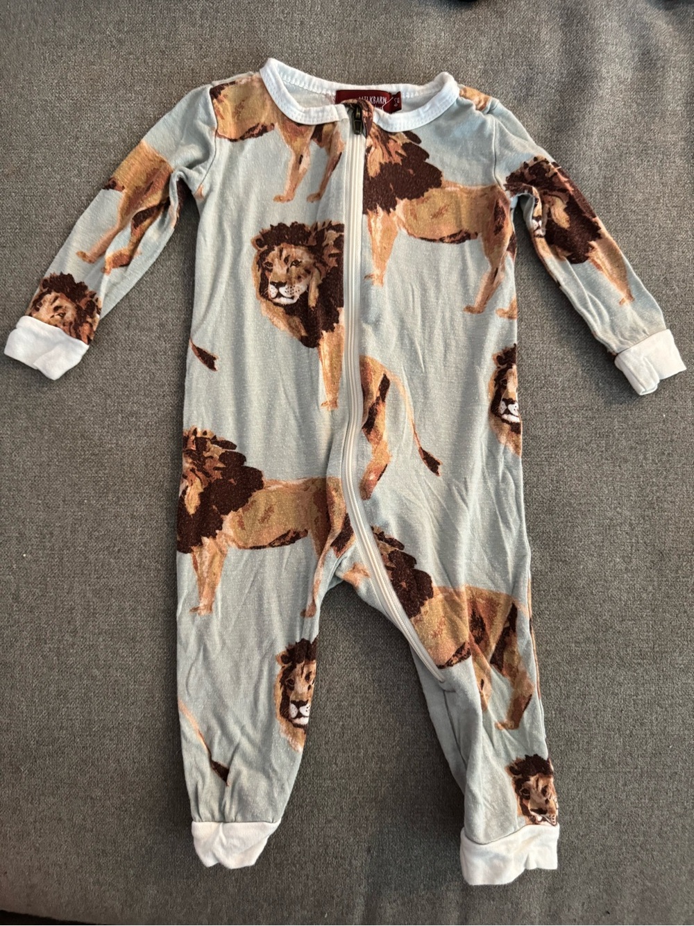 Milkbarn Bamboo Light Blue and Brown Lion Print Zipper Pajama 6-9 Months